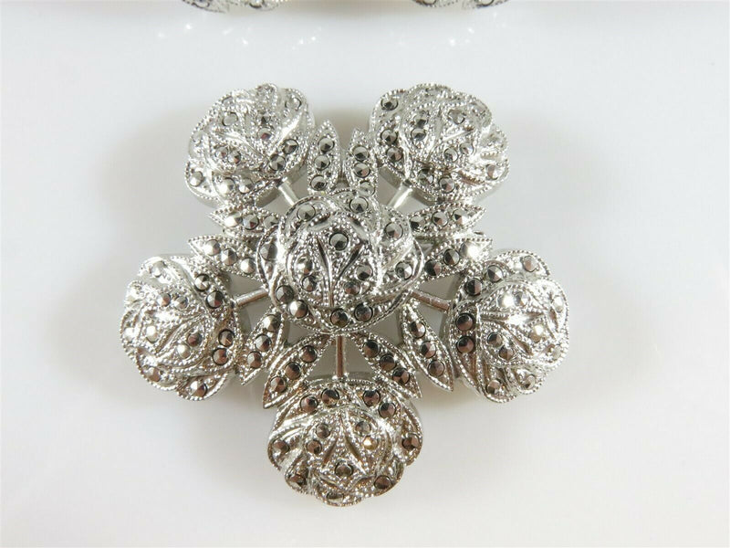 Theda Sterling Silver Catholic Rose Brooch Spin Back Earrings Marcasite Accented - Just Stuff I Sell