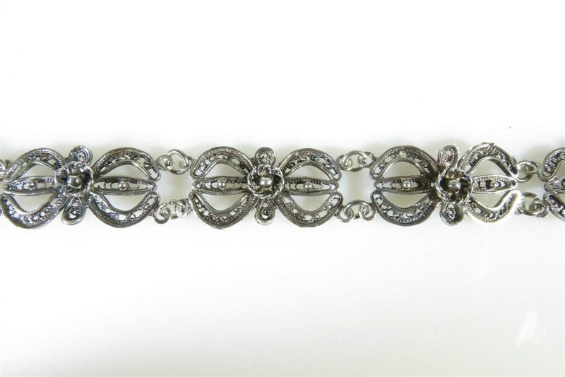 Filigree Link Bracelet Floral Bow Pattern 6.5 inch Nice Vintage Sterling Silver - Just Stuff I Sell