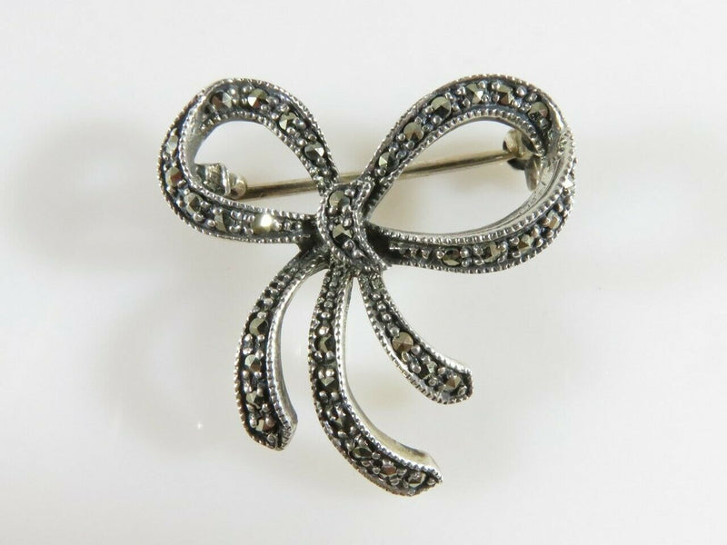 Marcasite Sterling Silver Bow Brooch Scarf Pin 1" x 1" 3.5 Grams 925 ACi - Just Stuff I Sell