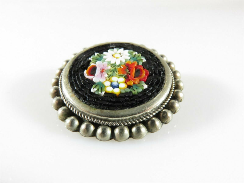 Vintage Floral Micro Mosaic Brooch Pin Alpaca Silver Well Executed - Just Stuff I Sell