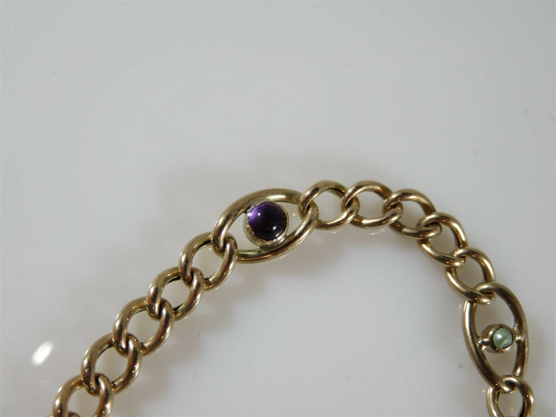 Victorian 9K Rose Gold Cabochon Amethyst & Seed Pearl Curb Bracelet 7.5" - Just Stuff I Sell