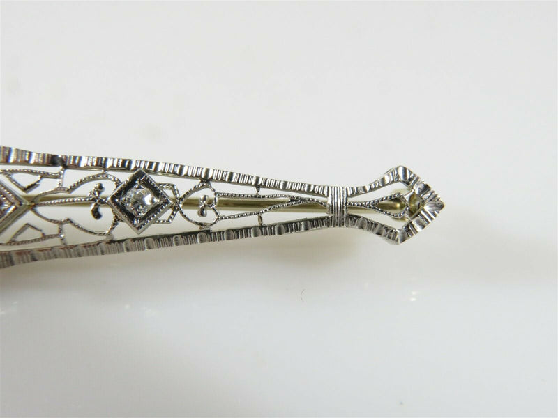 Nice 14K Art Deco White Gold Diamond Pierced Filigree Bar Bin Brooch - Just Stuff I Sell
