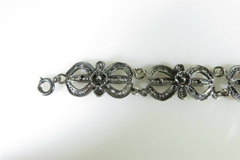 Filigree Link Bracelet Floral Bow Pattern 6.5 inch Nice Vintage Sterling Silver - Just Stuff I Sell