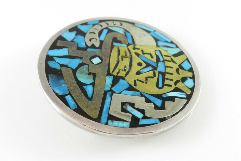 Taxco TC-7 Sterling Silver Mexico Inlaid Brooch Pendant Turquoise Copper Silver - Just Stuff I Sell
