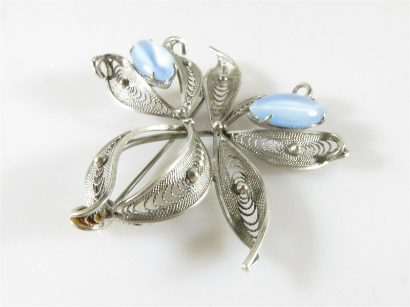 Vintage Alice Caviness Sterling Filigree Floral Blue Cats Eye Glass Brooch - Just Stuff I Sell