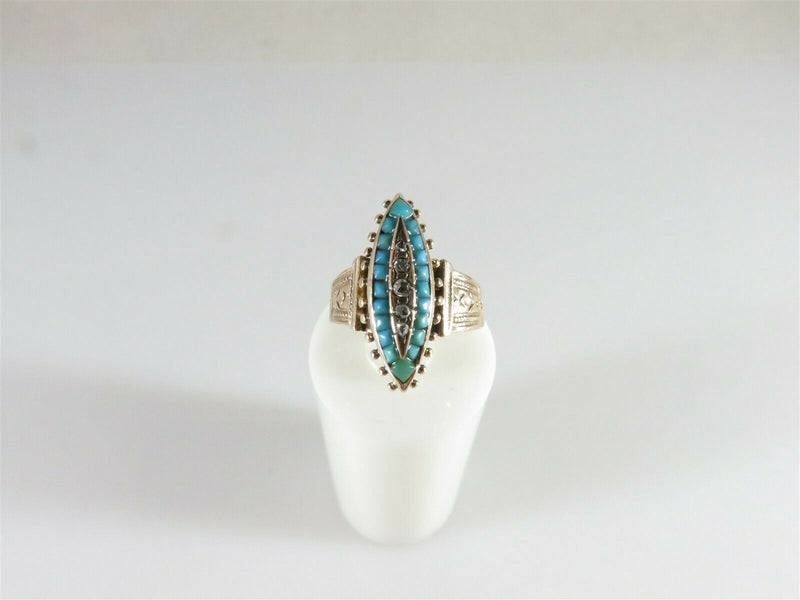 Victorian 14K Rose Gold Navette Ring Persian Turquoise Rose Cut Diamonds - Just Stuff I Sell
