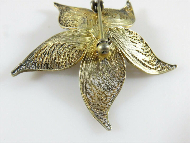 Lovely Chinese Export Gilt Sterling Silver Pierced Filigree Flower Brooch 2 Inches - Just Stuff I Sell
