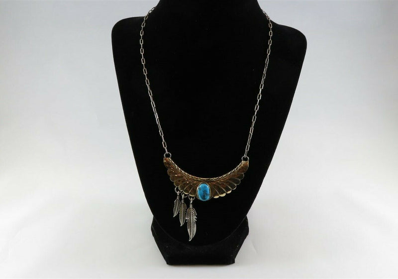 Southwestern Spencer Sterling Silver Gold Filled Bib Feather Turquoise Necklace - Just Stuff I Sell