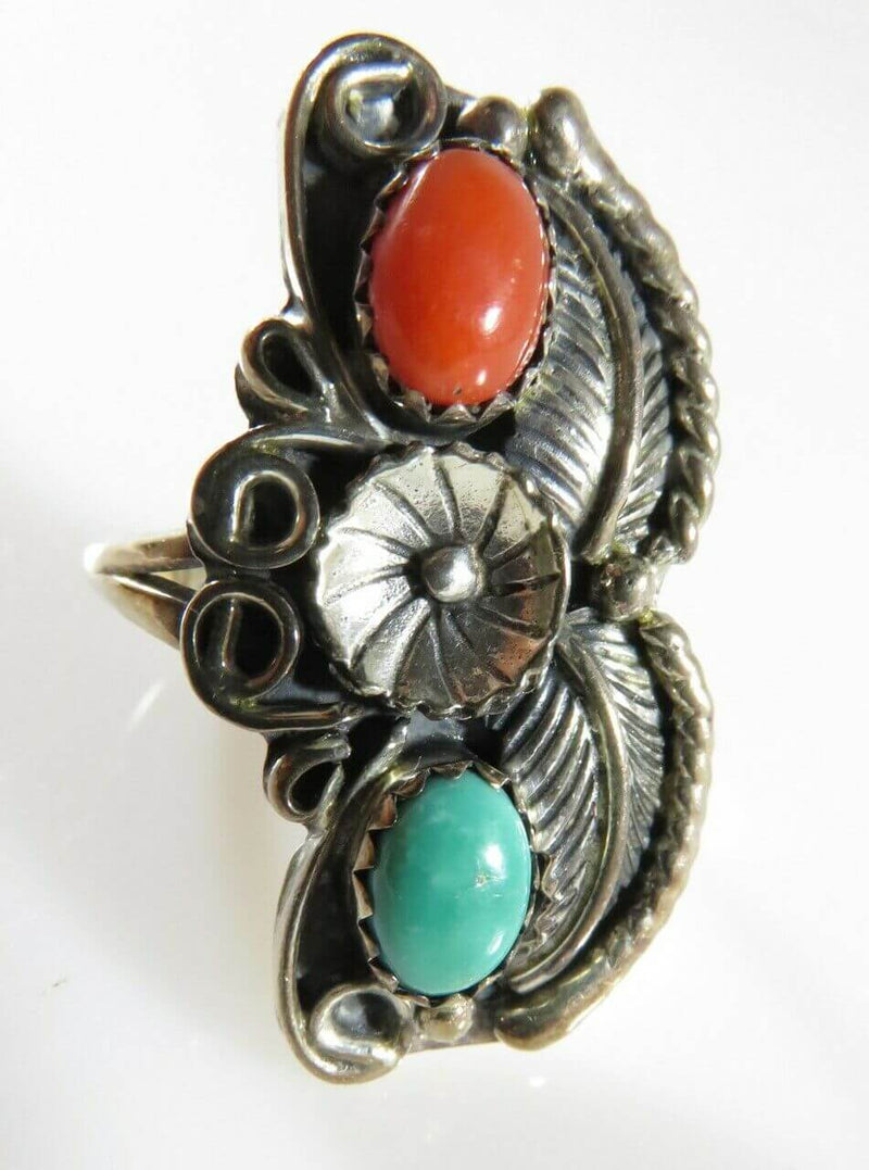 Lovely Vintage Turquoise Coral Sterling Flower Leaf Pinky Ring Size 6.5 Spencer - Just Stuff I Sell