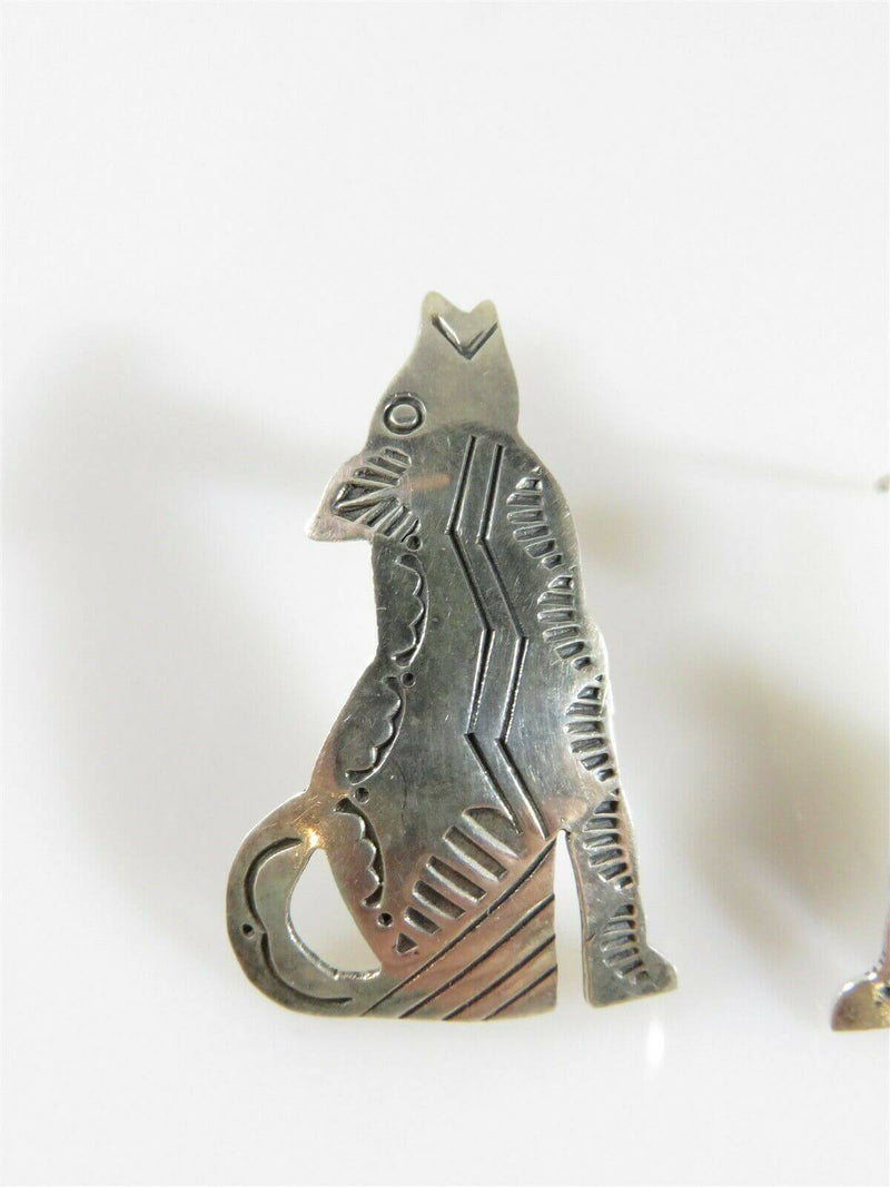 Hand Worked Unsigned Navajo Sterling Silver Figural Wolf Earrings Pierced Ears - Just Stuff I Sell