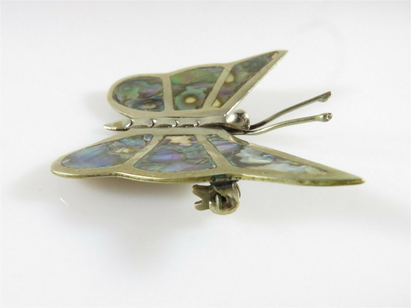 Vintage Mexico Unmarked Silver Tone Abalone Inlaid "Alpaca" Butterfly Pin - Just Stuff I Sell