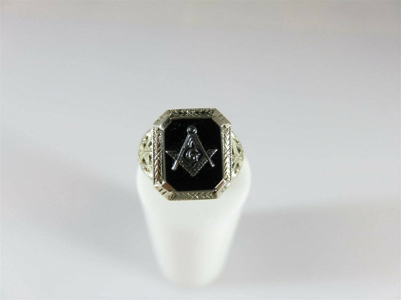 Art Deco Mason Ring 14K White Gold Onyx Womens Masonic Ring For Her Size 3.5 - Just Stuff I Sell