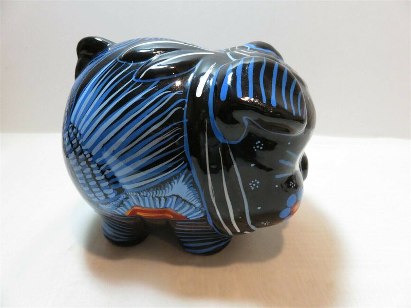 Fabulous Hand Painted Black, Blue, Red, White, Orange, Mexican Terra Cotta Piggy - Just Stuff I Sell