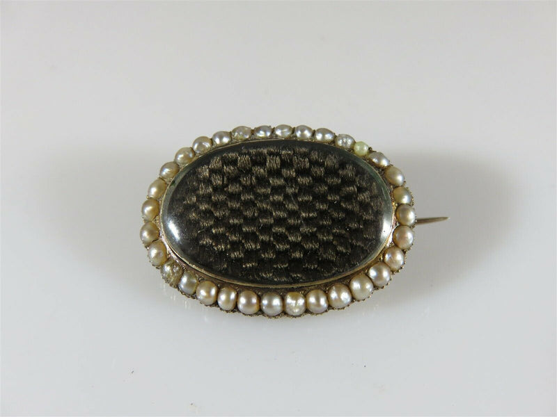 Mourning Brooch E.M.B. Dec. 10th 1855 Dark Brown Hair 10K Gold Pearl Accent - Just Stuff I Sell
