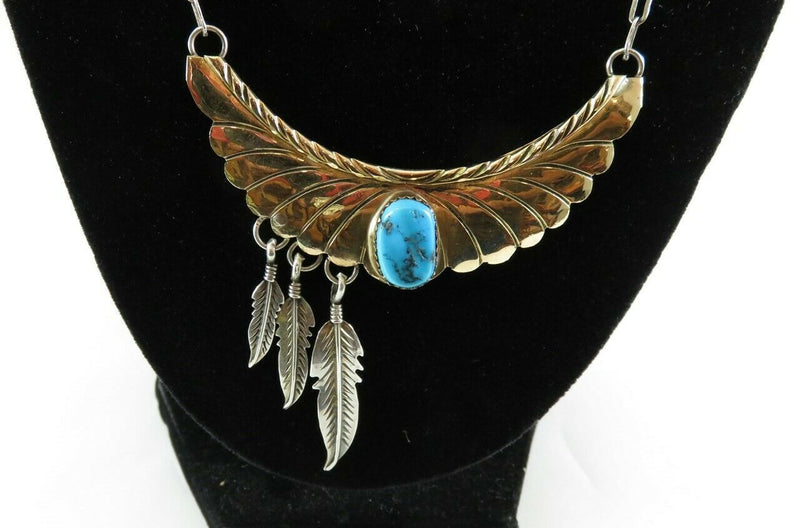 Southwestern Spencer Sterling Silver Gold Filled Bib Feather Turquoise Necklace - Just Stuff I Sell
