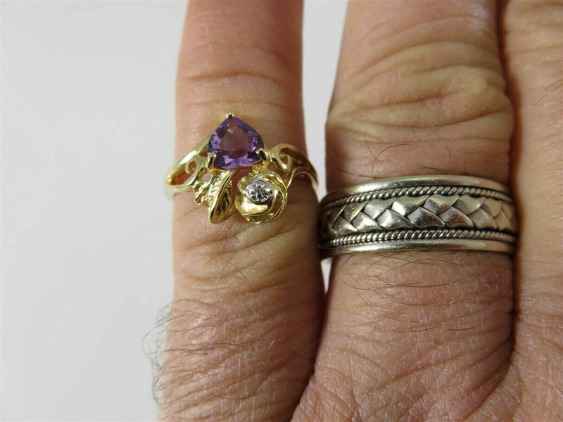 Lovely 14K Yellow Gold Floral Filigree Heart Cut Amethyst and Diamond Chip Ring - Just Stuff I Sell