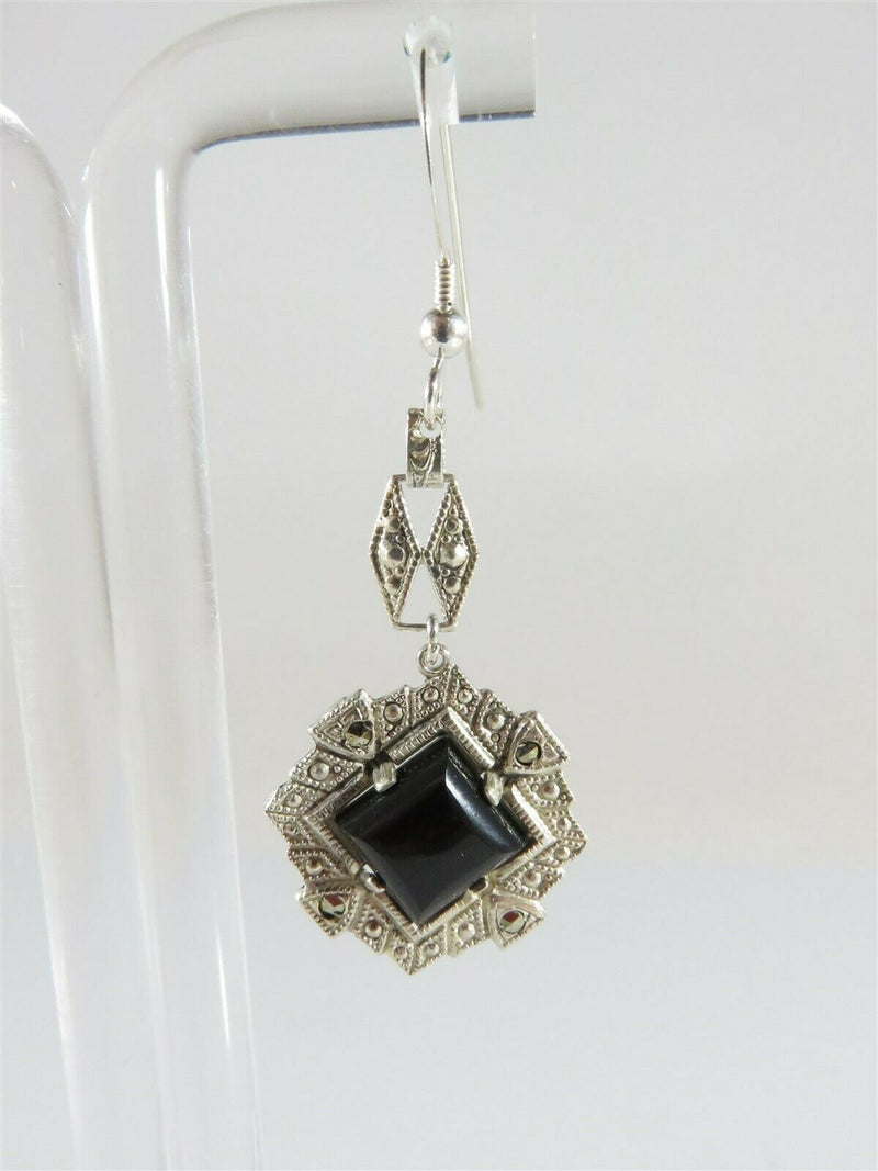 Sterling Silver Onyx Marcasite Accented Dangle Earrings With Matched Pendant - Just Stuff I Sell