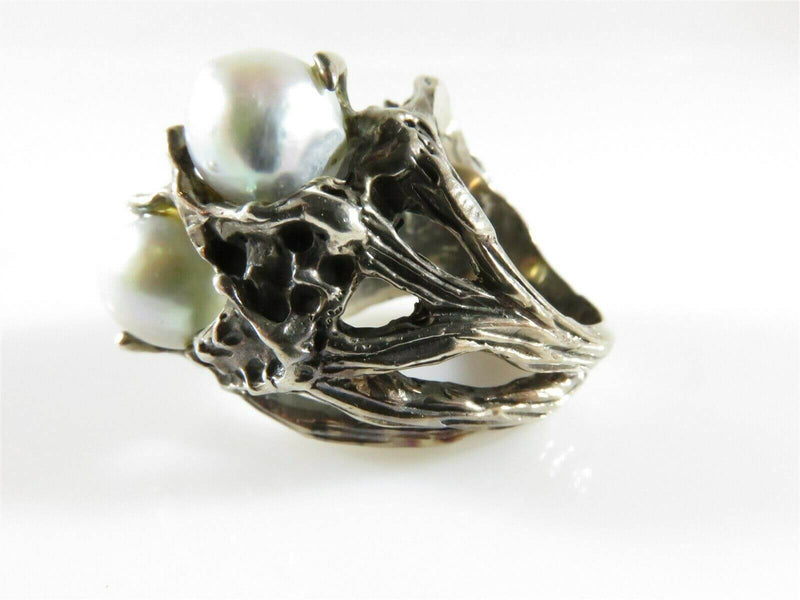 Fav Vintage Gray Pearl Brutalist Artisan Sterling Silver Ring 5.25 Signed - Just Stuff I Sell
