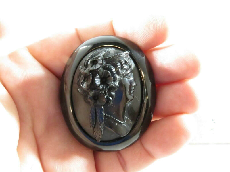C1890's Victorian High Relief Cameo Brooch Black Polished Jet - Just Stuff I Sell