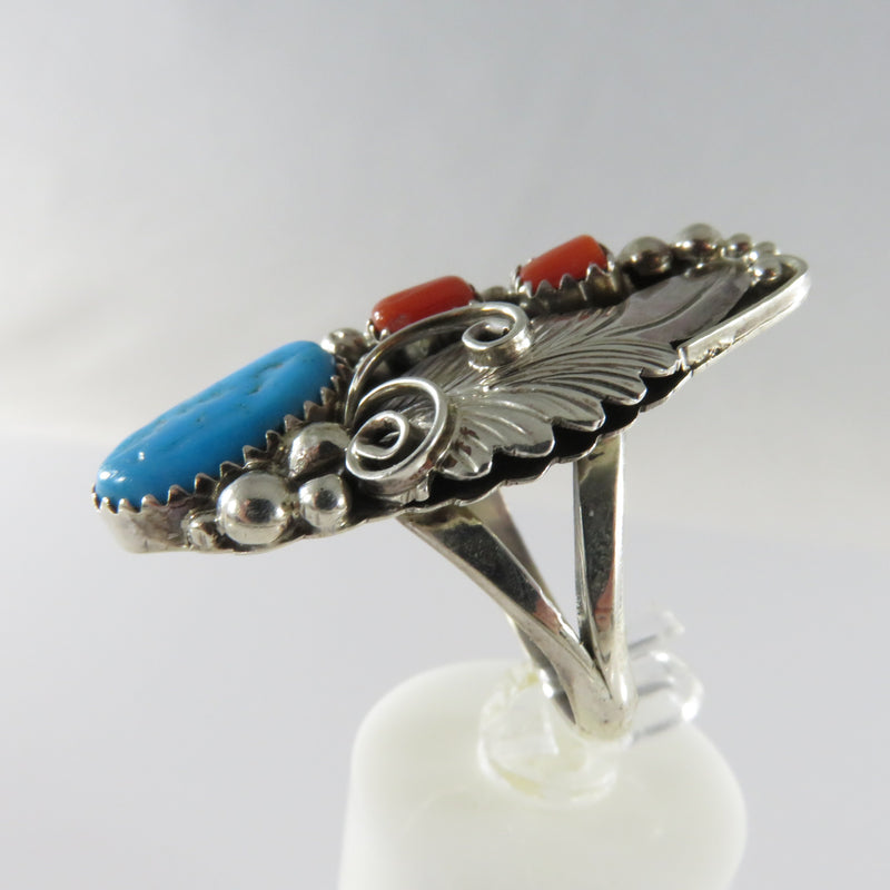 Navajo Sterling Turquoise & Coral Finger Ring Southwestern Sterling Size 9 1/4