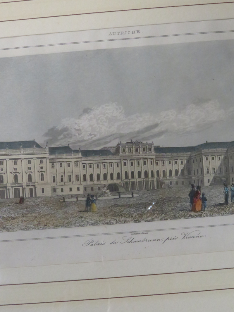Schönbrunn Palace near Vienna, Austria, Handcolored Engraving View of Schönbrunn
