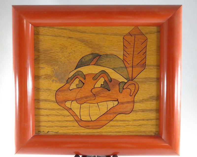 Cleveland Indians Chief Wahoo Artist Signed Painted Formed Wood Marquetry Style