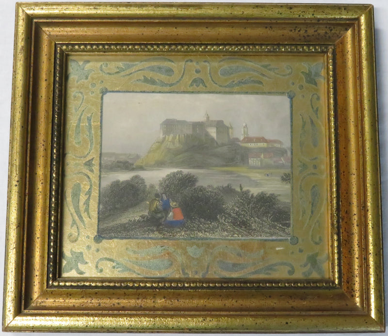 The Halle Bros. Co Cleveland OH Hand Colored Etching Eglomise Glass Gilt Frame