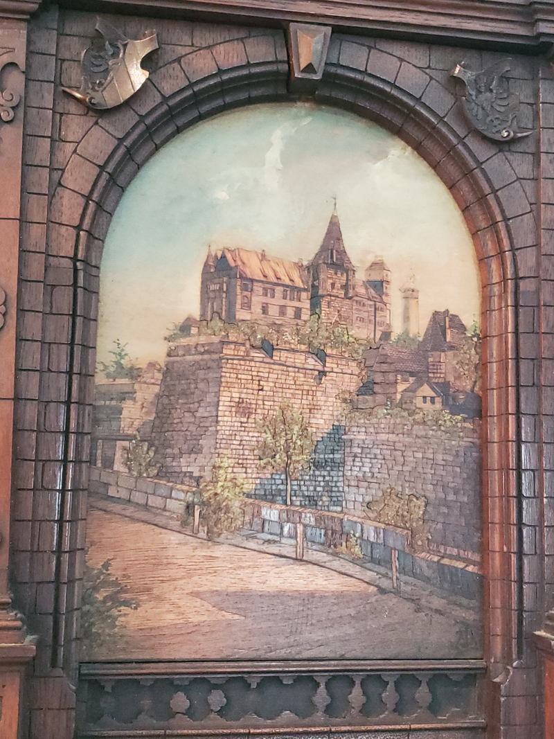 Rare 1899 Johann Adelhard German Painted Marquetry Inlaid Cabinet Nurnberg Castle