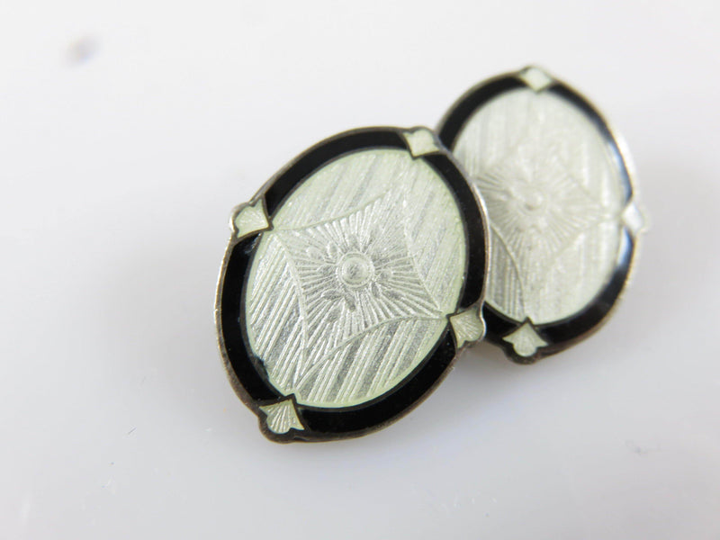 Antique Art Deco Sterling Silver Black and White Guilloche Enamel Cufflink For Repurpose - Just Stuff I Sell