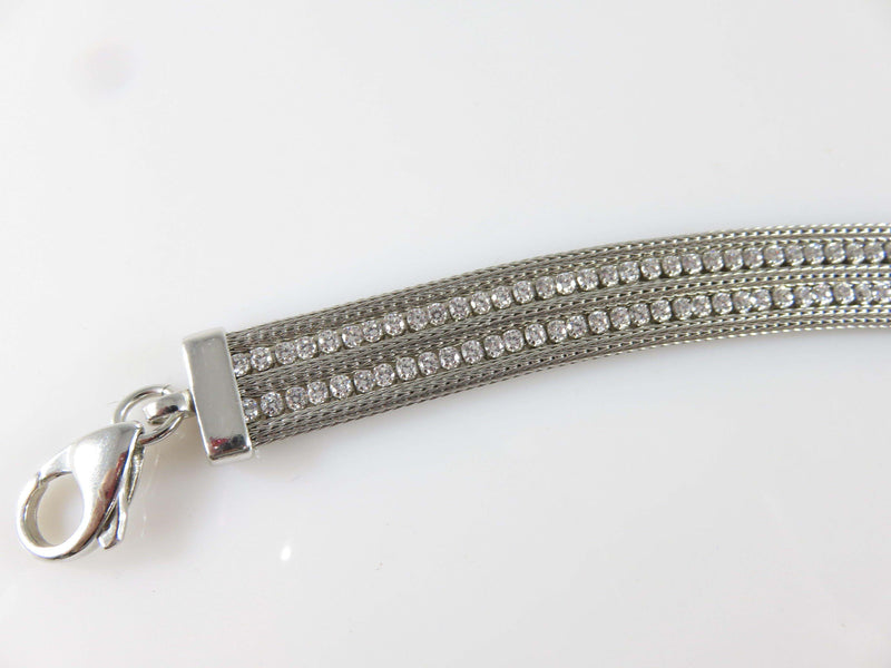 Braided Mesh Sterling Silver & Rhinestone Bracelet Designer Signed 7 3/4" - Just Stuff I Sell
