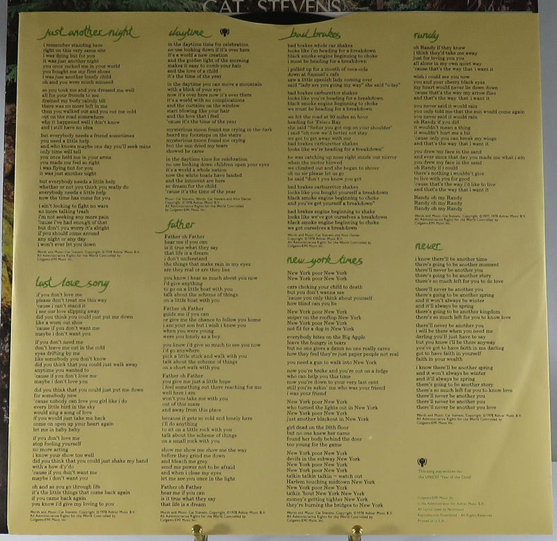 Cat Stevens Back To Earth A&M Records 1978 Release Terre Haute SP 4735 Vinyl Alb