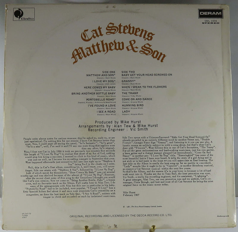 Cat Stevens Matthew & Son Deram Records Import 1967 SML 1004 Vinyl Album