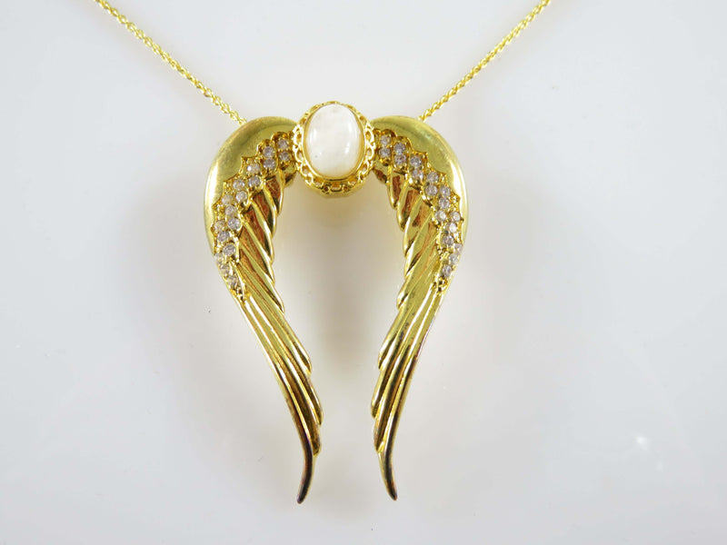 Gold Gilt Sterling Silver Guardian Angel Wing Necklace Faux Stones by My HWH