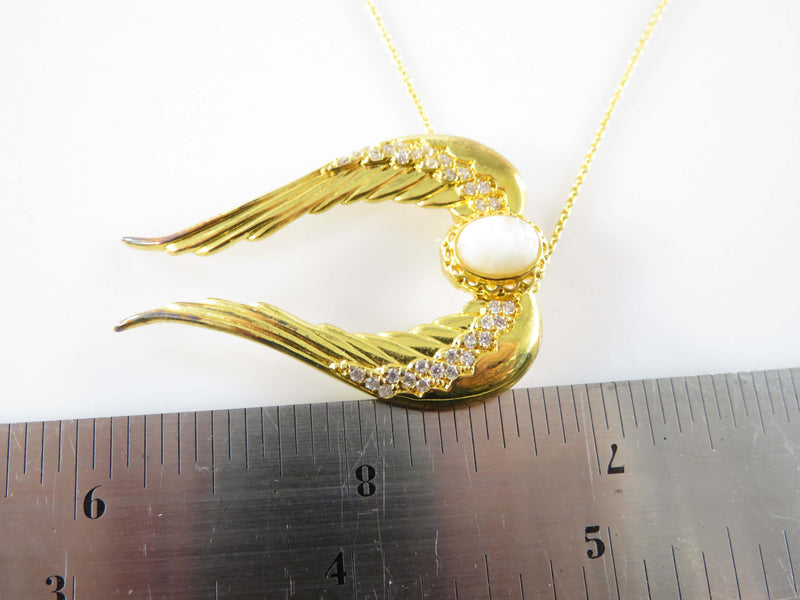 Gold Gilt Sterling Silver Guardian Angel Wing Necklace Faux Stones by My HWH