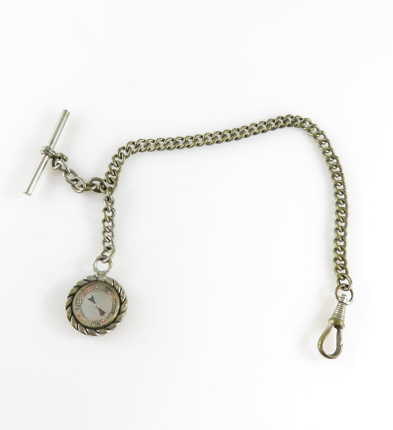 Old Silver Plate Pocket Watch Chain with Silver Plate Compass FOB & Chain Assembly