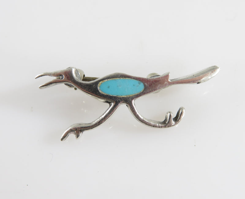 Silver Roadrunner Mexico Style Pin Tourquoise Slice Southwester Style 1 5/16" x
