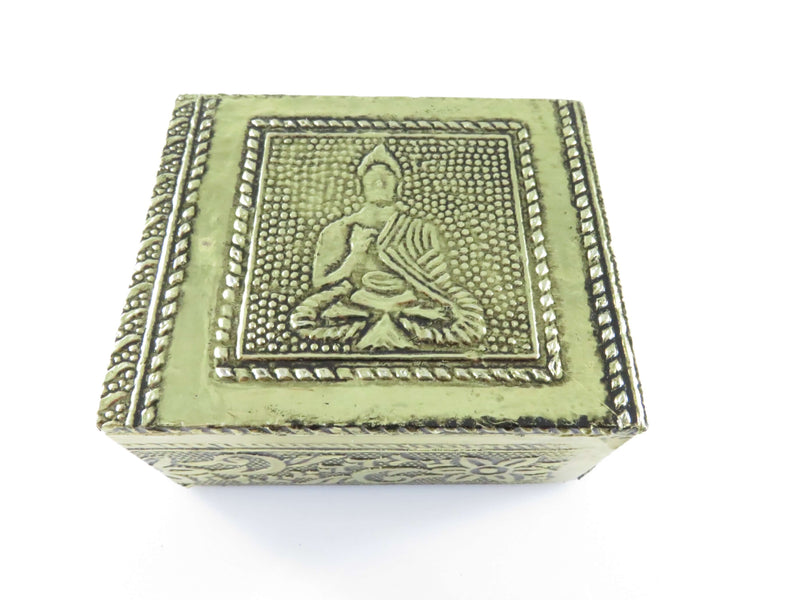 Asian Style Foil Wrapped Wood Trinket Box Hindu Design 3" x 2 1/2" x 1 1/2"