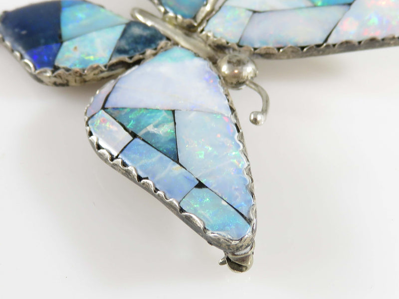 Large Unsigned Opal Doublet Inlaid Sterling Silver Butterfly Southwestern Style Brooch