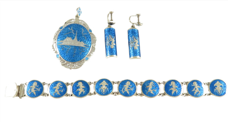 intage Siam Sterling Silver Blue Enameled Goddess Mekkala Jewelry Suite