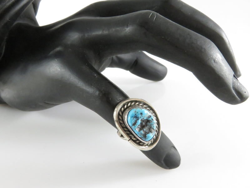 Vintage Sterling Turquoise Navajo Women's Biker Ring  Size 4 Hemerson Brown