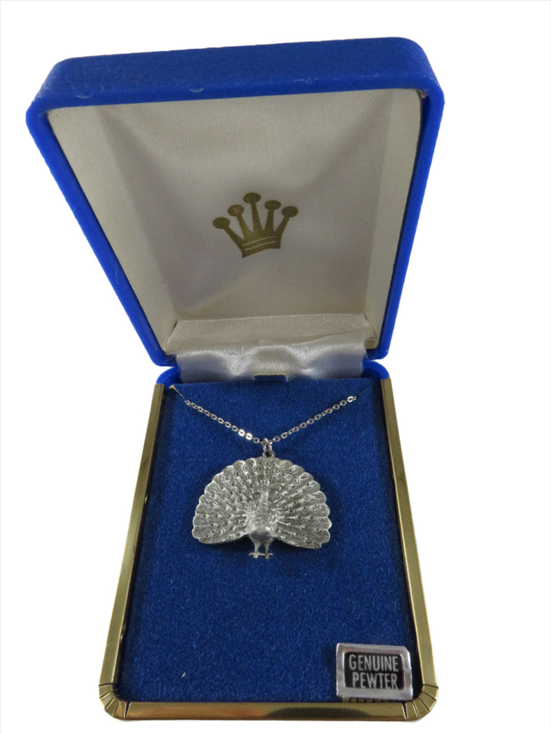 Vintage 1980's Genuine Pewter Peacock Pendant Necklace Original Box