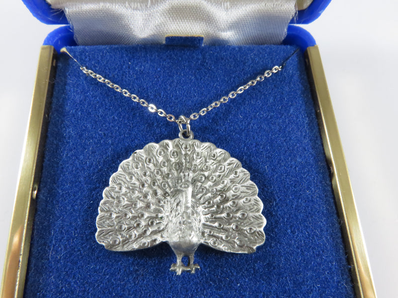 Vintage 1980's Genuine Pewter Peacock Pendant Necklace Original Box