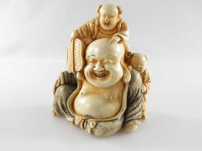 Vintage Resin Netsuke Statue Laughing Hotei Buddha Figurine Souvenir Museum of Fine Art