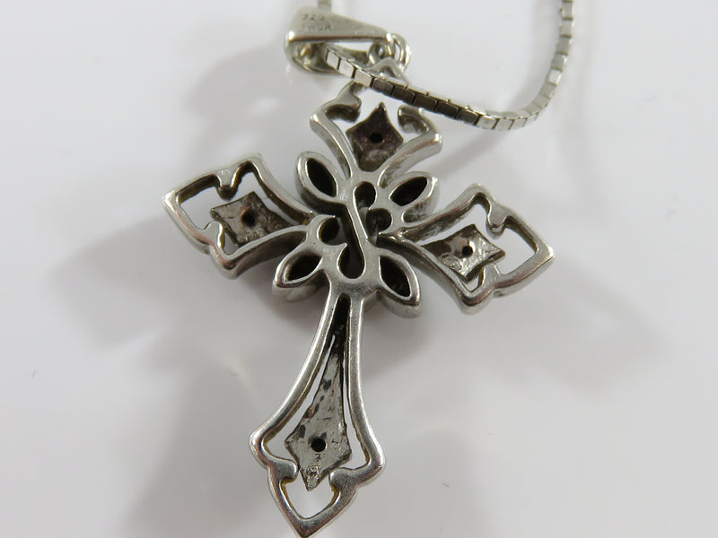 Sterling Silver Christian Cross Black Stone Accented3 16" .91mm Sterling Box Chain