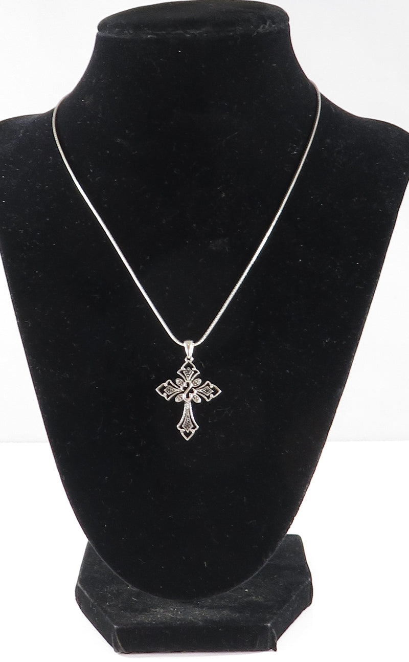 Sterling Silver Christian Cross Black Stone Accented3 16" .91mm Sterling Box Chain