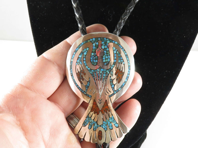Large Thunderbird Sterling Bolo Tie Crushed Stone Shades of the West Southwestern Shop