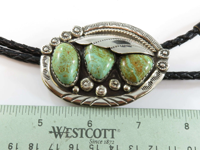 Beautiful Vintage Green Turquoise Large Sterling Bolo Tie by Navajo Roy Buck