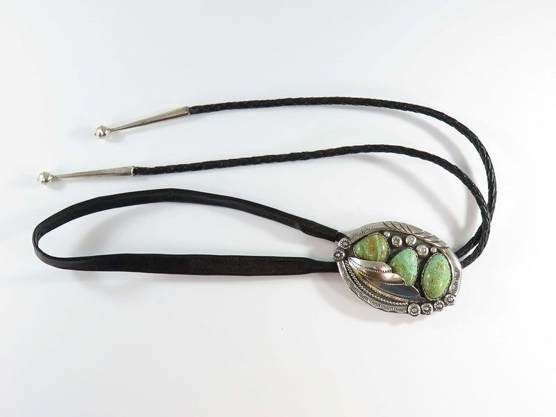 Beautiful Vintage Green Turquoise Large Sterling Bolo Tie by Navajo Roy Buck