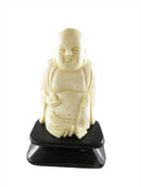 Old Carved Bone Statue Laughing Hotei Buddha Figurine on Wood Stand Chinese Art 2 3/4" Tall