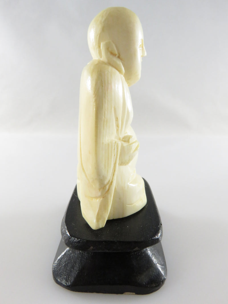 Old Carved Bone Statue Laughing Hotei Buddha Figurine on Wood Stand Chinese Art 2 3/4" Tall